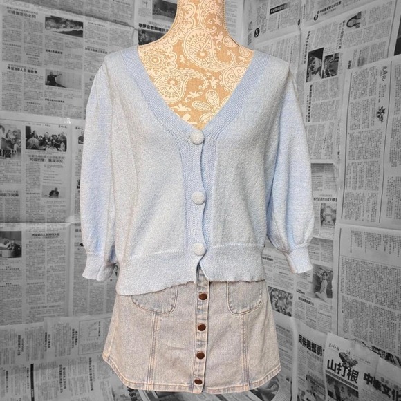 Kayla's Armoire Powder Blue Cropped Cardigan Puff Sleeve Soft Girl Aesthetic L - Picture 1 of 5